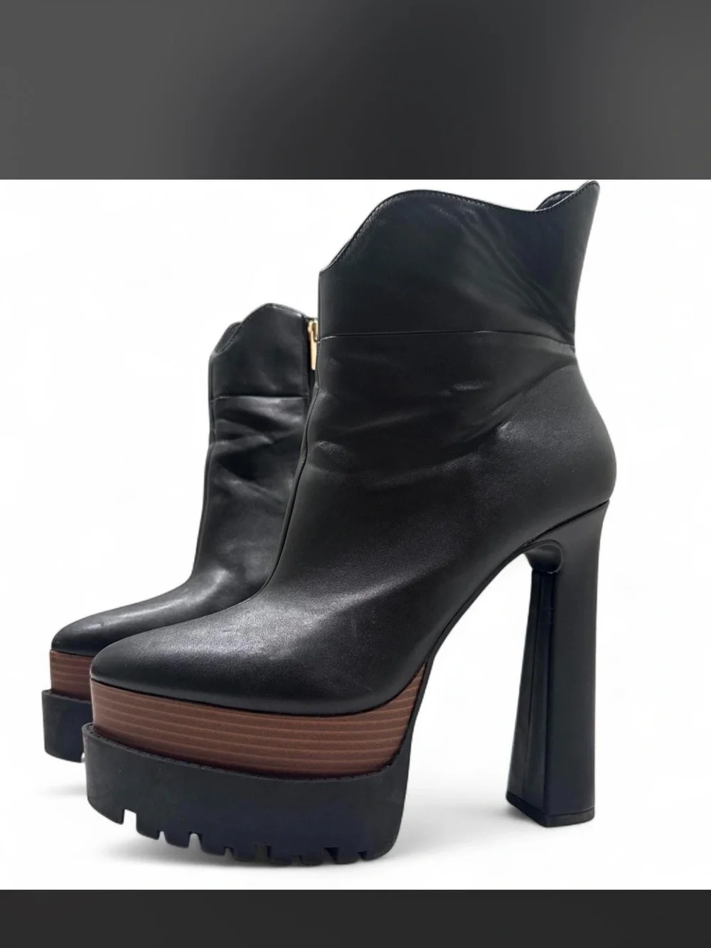 Jessica Simpson Black Leather Platform Ankle Boots with Brown Wood-Look Platform